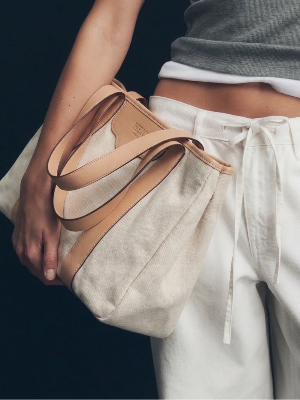 Heigs Switzerland luxury canvas beige/tan leather-handled tote bag